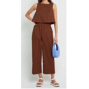 NWT Kourt Brown High-Waist Cropped Wide Leg Flax Linen Cotton Pants Size XS